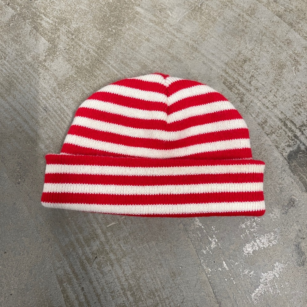Red White Striped Knit Beanie Hat Horizontal Stripe Skull Cap Cuff Winter Hat